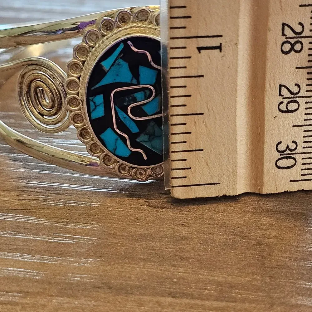 Vintage Alpaca Silver & Turquoise Inlay Swirling Cuff Bracelet from Mexico